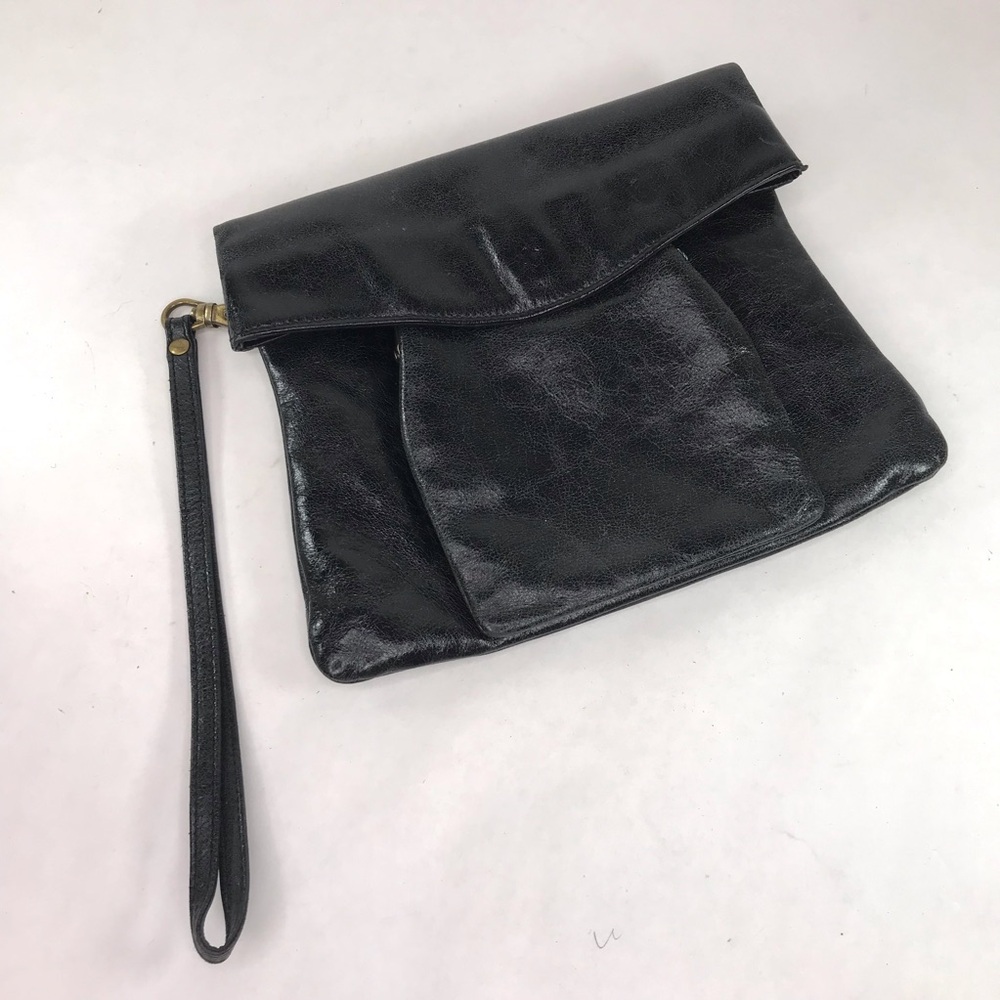 Hobo International Black Leather Flap Closure Wristlet Purse Kisslock